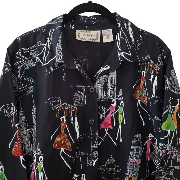 Life Style Travel Landmarks Embroidered Artwork Short Sleeve Shirt, Black, Sz L - Picture 2 of 10